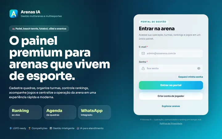 Página inicial do site Arenas IA